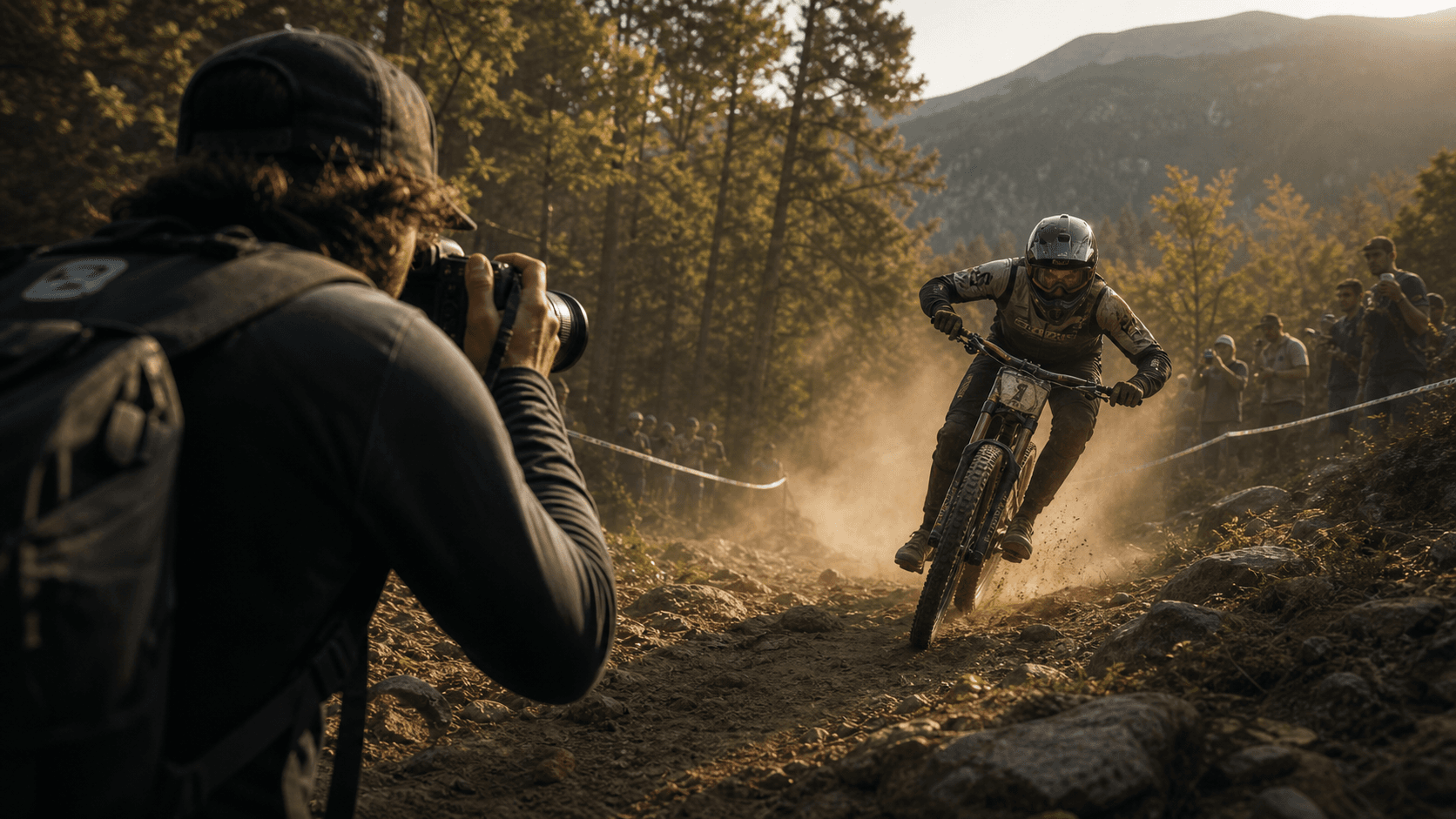 Fotógrafo cubriendo un evento deportivo en exterior